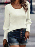 Ribbed Round Neck Lantern Sleeve Knit Top - Trendsi - Flyclothing LLC
