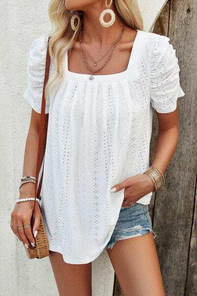 Eyelet Square Neck Puff Sleeve T-Shirt - Trendsi - Flyclothing LLC