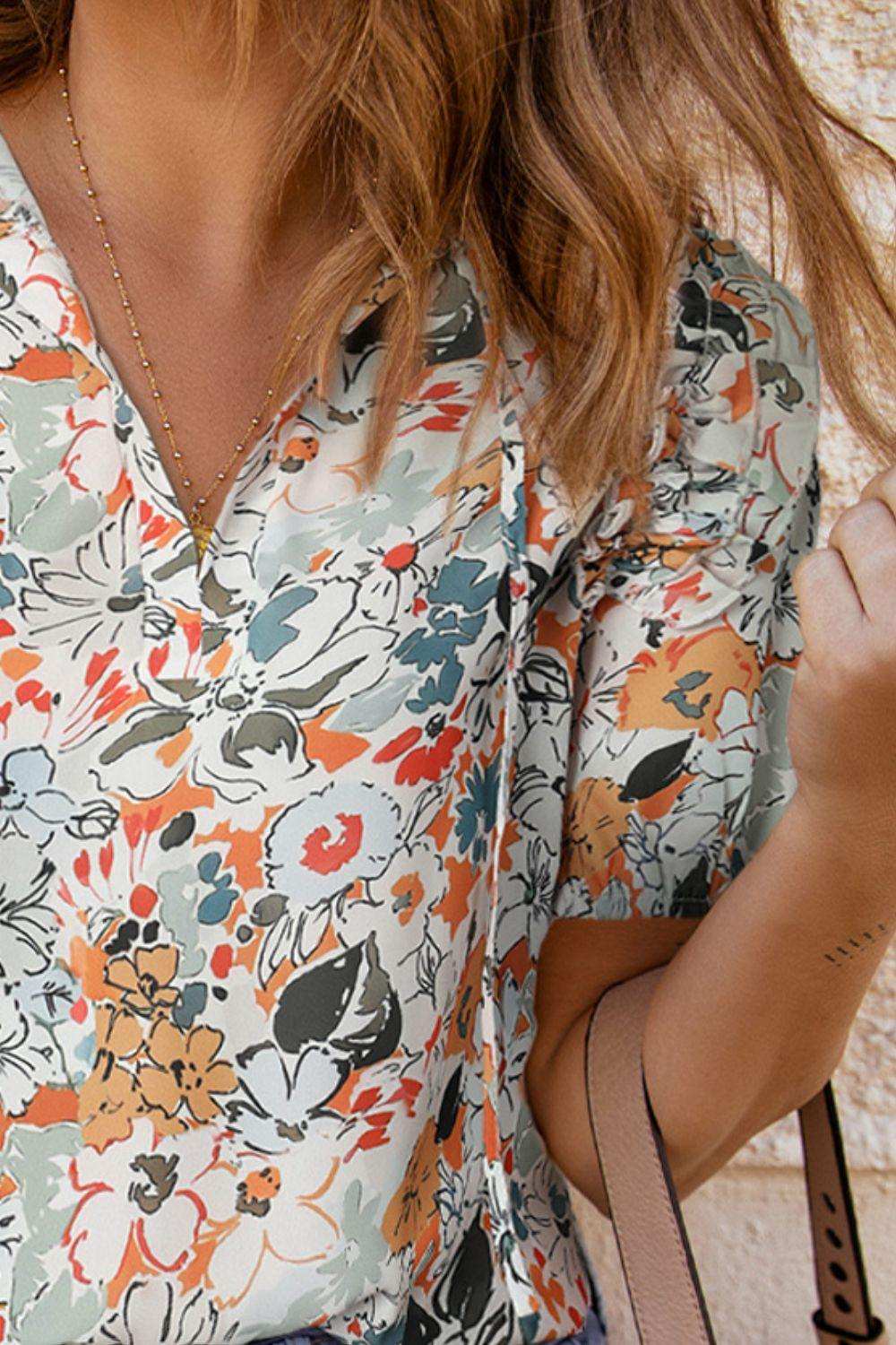 Floral Tie Neck Shoulder Detail Blouse - Trendsi - Flyclothing LLC