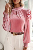 Tie Up Mock Neck Velvet Fabric Long Sleeve Blouse - Trendsi - Flyclothing LLC