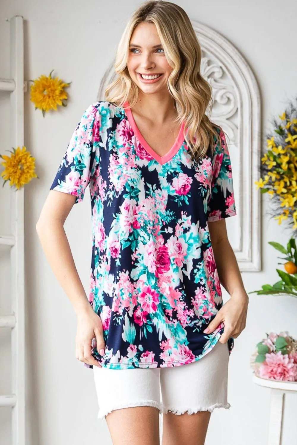 Heimish Full Size Floral V-Neck Short Sleeve T-Shirt - Trendsi - Flyclothing LLC
