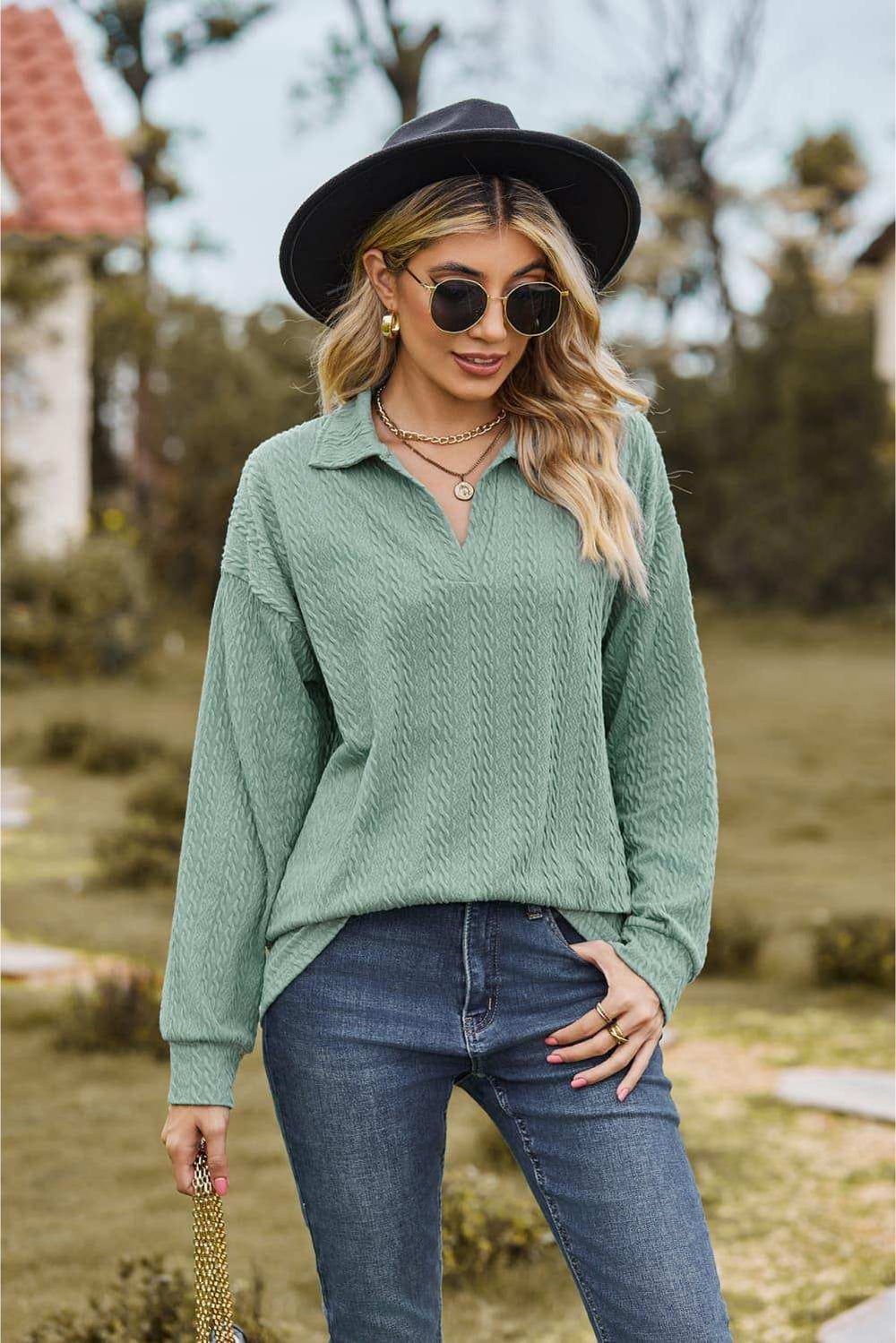 Collared Neck Cable-Knit Long Sleeve Blouse - Trendsi - Flyclothing LLC