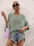 Boat Neck Cuffed Sleeve Slit Tunic Knit Top - Trendsi - Flyclothing LLC