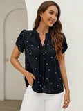 Heart Print Notched Petal Sleeve Blouse - Trendsi - Flyclothing LLC