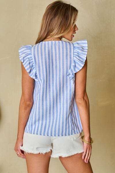 Embroidered Tassel Striped Tie Neck Blouse - Trendsi - Flyclothing LLC