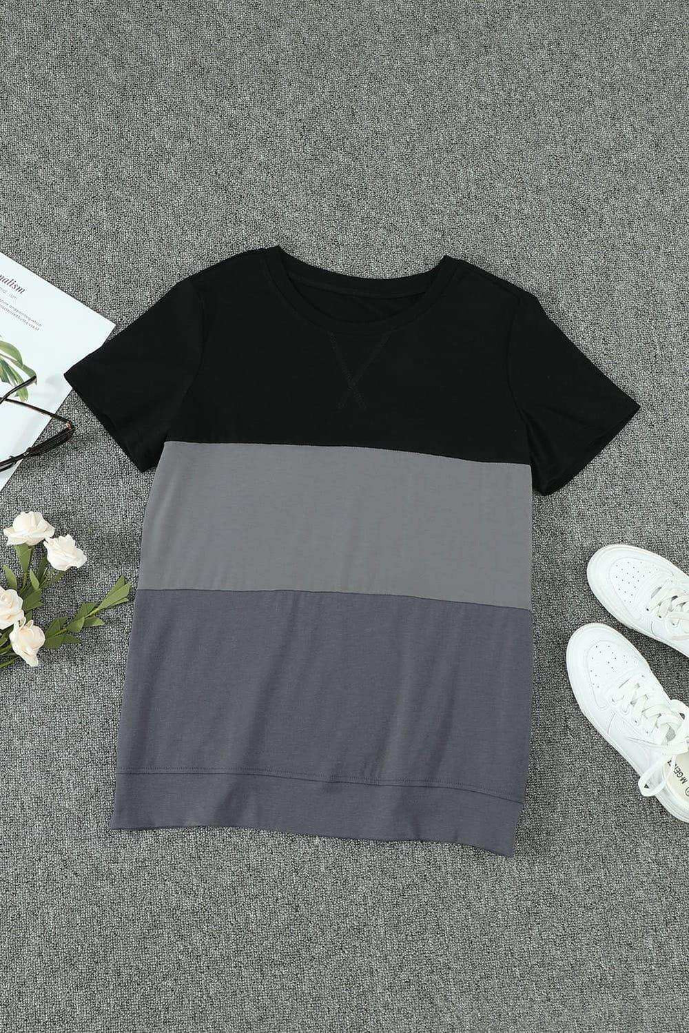 Color Block Side Slit Round Neck T-Shirt - Trendsi - Flyclothing LLC