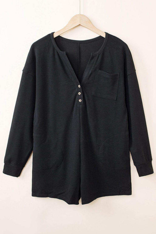 Notched Neck Long Sleeve Romper - Trendsi - Flyclothing LLC