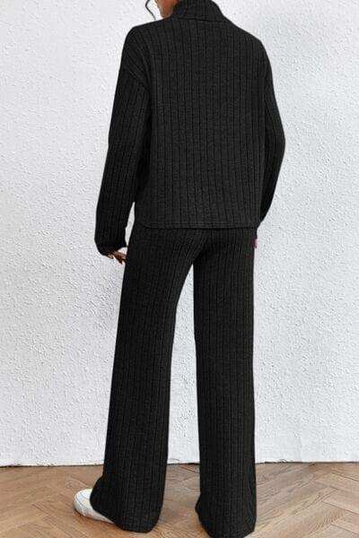 Mock Neck Dropped Shoulder Top and Pants Set - Trendsi - Flyclothing LLC