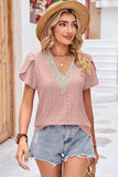 Eyelet V-Neck Petal Sleeve T-Shirt - Trendsi - Flyclothing LLC
