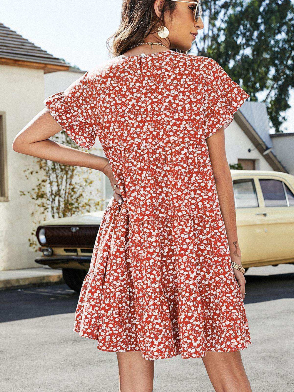 Leopard Short Flounce Sleeve Tiered Dress - Trendsi - Flyclothing LLC