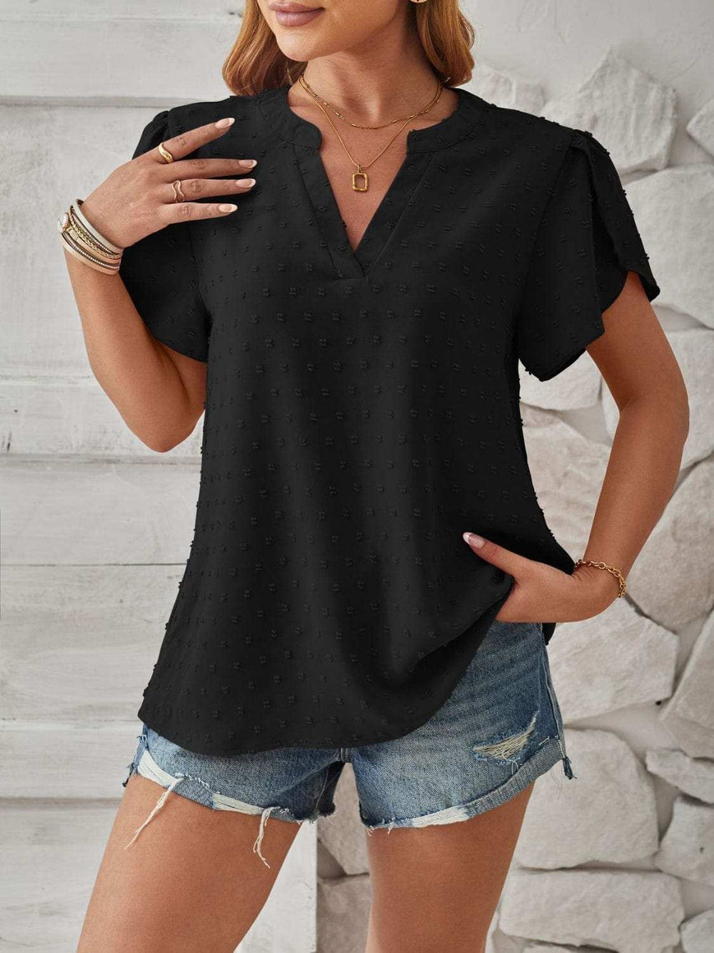 Swiss Dot Notched Petal Sleeve T-Shirt - Trendsi - Flyclothing LLC