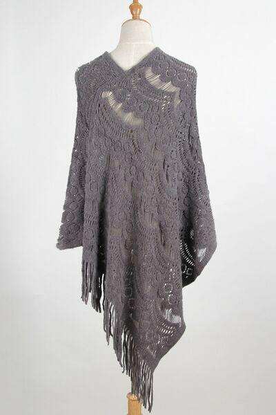 Fringe Openwork Surplice Cape Sleeve Poncho - Trendsi - Flyclothing LLC