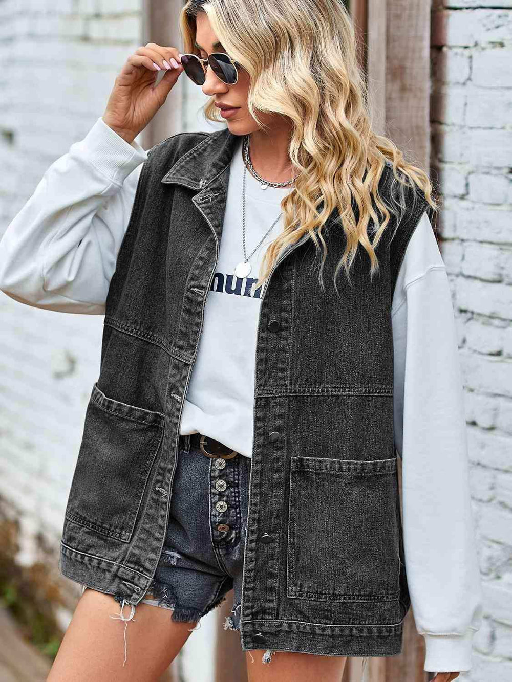 Button Front Sleeveless Denim Jacket - Trendsi - Flyclothing LLC