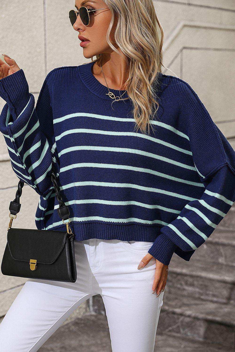 Striped Dropped Shoulder Round Neck Pullover Sweater - Trendsi - Flyclothing LLC