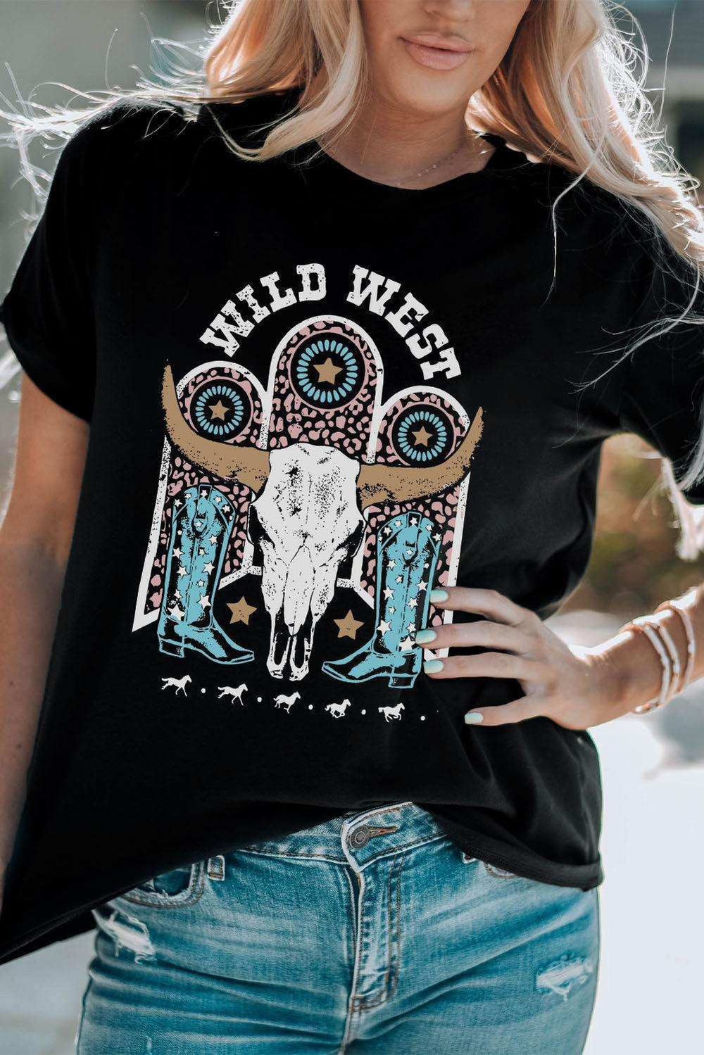 WILD WEST Graphic Short Sleeve Tee Shirt - Trendsi - Flyclothing LLC