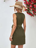 Buttoned V-Neck Belted Sleeveless Dress - Trendsi - Flyclothing LLC