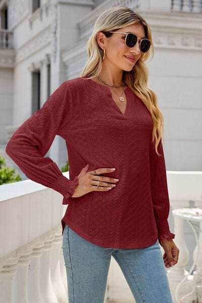 Eyelet Notched Lantern Sleeve T-Shirt - Trendsi - Flyclothing LLC