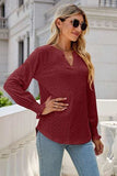 Eyelet Notched Lantern Sleeve T-Shirt - Trendsi - Flyclothing LLC