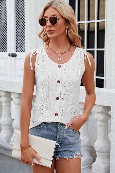 Eyelet Round Neck Wide Strap Tank - Trendsi - Flyclothing LLC
