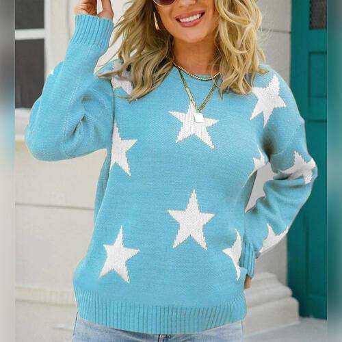 Star Pattern Round Neck Sweater - Trendsi - Flyclothing LLC
