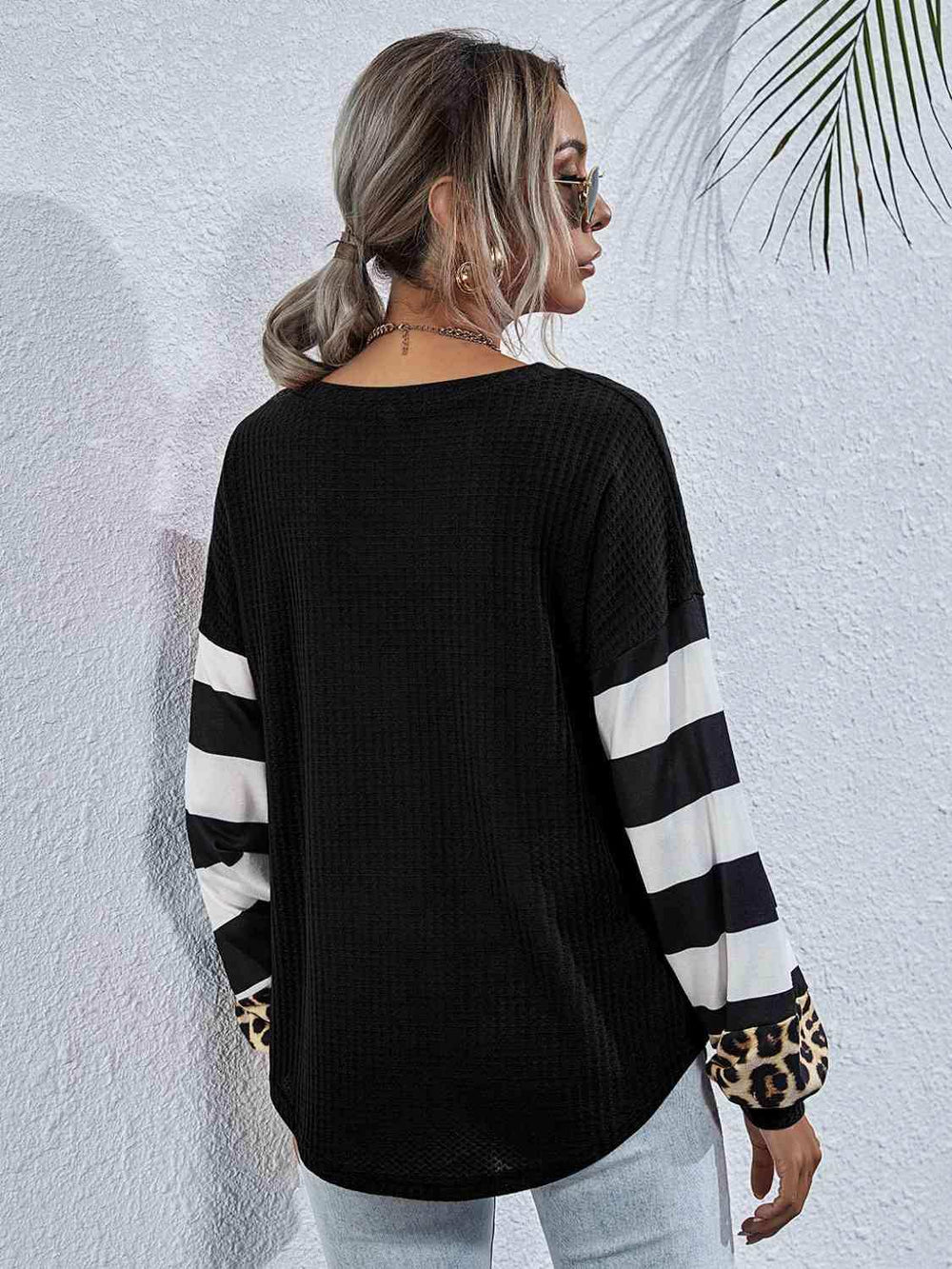 Leopard Striped Waffle-Knit Top - Trendsi - Flyclothing LLC