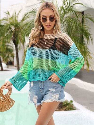 Color Block Openwork Boat Neck Cover Up - Trendsi - Flyclothing LLC