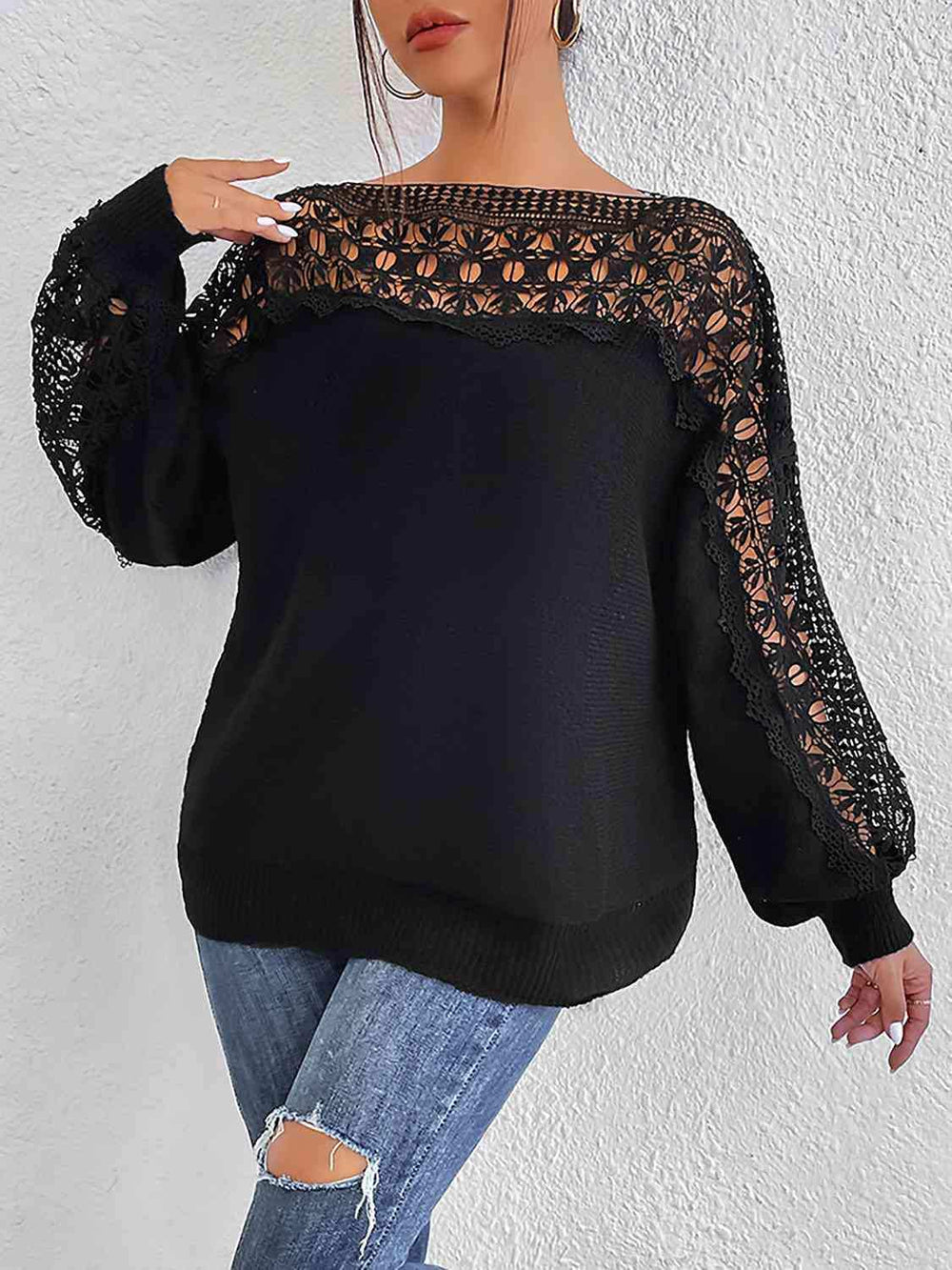 Lace Trim Boat Neck Knit Top - Trendsi - Flyclothing LLC