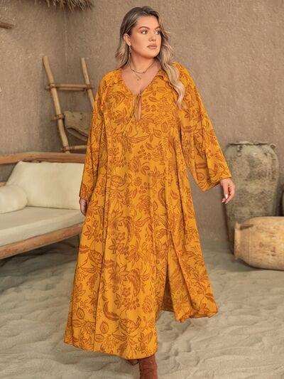 Plus Size Printed Slit Long Sleeve Dress - Trendsi - Flyclothing LLC