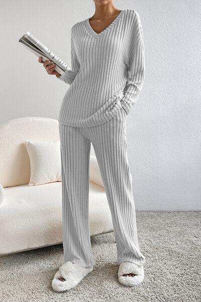 Ribbed V-Neck Top and Pants Lounge Set - Trendsi - Flyclothing LLC