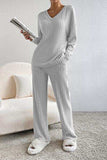 Ribbed V-Neck Top and Pants Lounge Set - Trendsi - Flyclothing LLC
