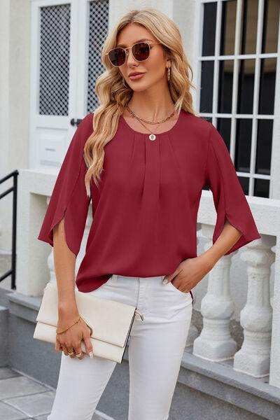 Round Neck Slit Half Sleeve Top - Trendsi - Flyclothing LLC