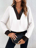 Contrast Trim V-Neck Long Sleeve Blouse - Trendsi - Flyclothing LLC