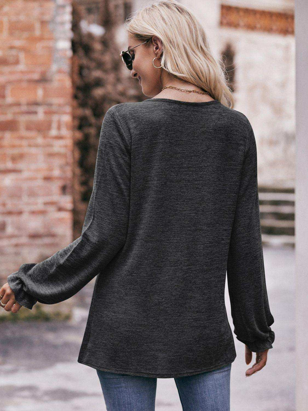 Long Flounce Sleeve Round Neck Blouse - Trendsi - Flyclothing LLC