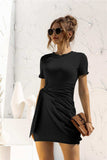 Round Neck Cuffed Sleeve Side Tie Dress - Trendsi - Flyclothing LLC