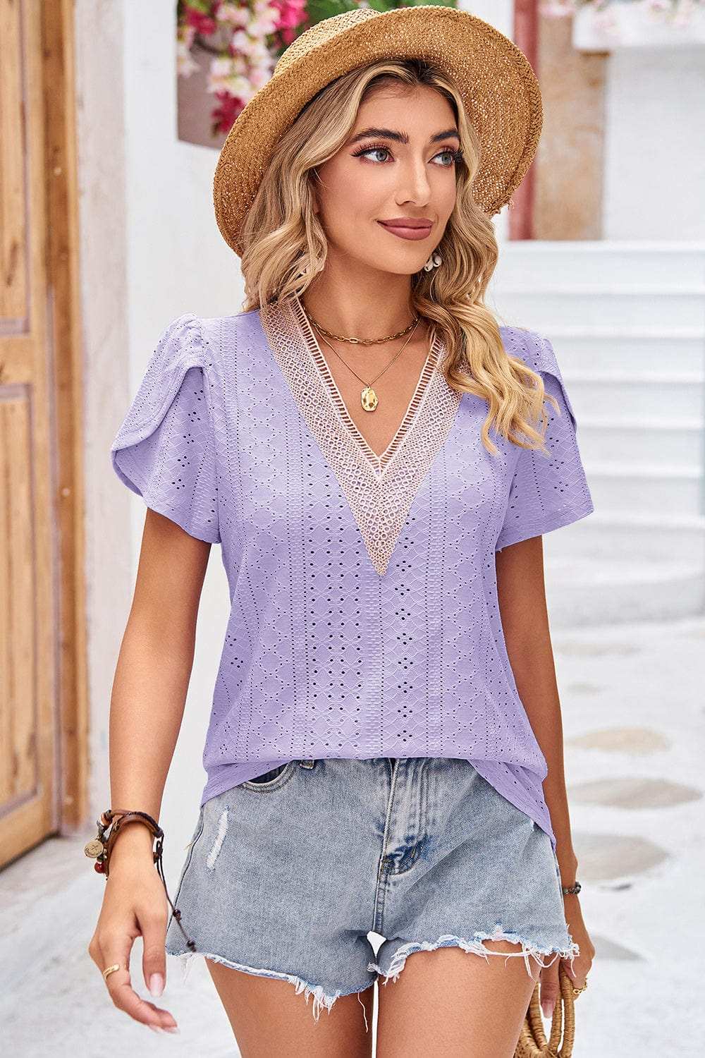 Eyelet V-Neck Petal Sleeve T-Shirt - Trendsi - Flyclothing LLC
