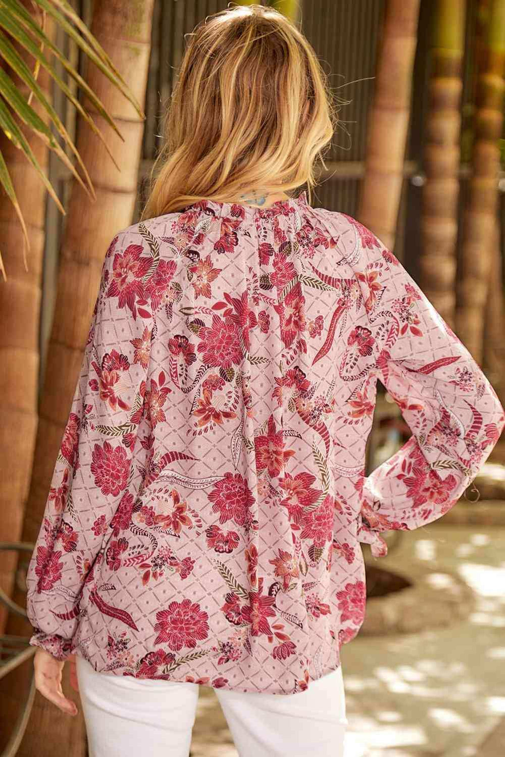 Floral Tie Neck Flounce Sleeve Blouse - Trendsi - Flyclothing LLC