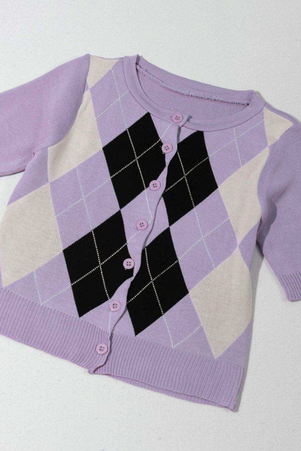 Argyle Round Neck Ribbed Trim Cardigan - Trendsi - Flyclothing LLC