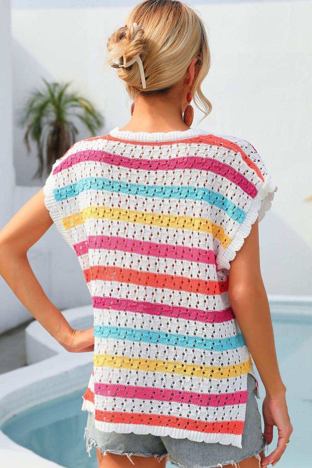 Striped V-Neck Slit Cover Up - Trendsi - Flyclothing LLC