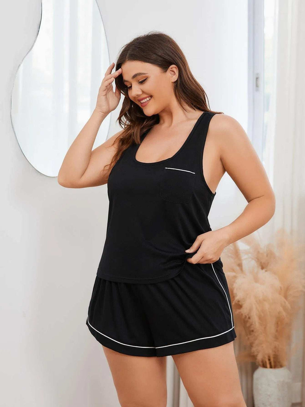 Plus Size Contrast Piping Racerback Tank and Shorts Lounge Set - Trendsi - Flyclothing LLC