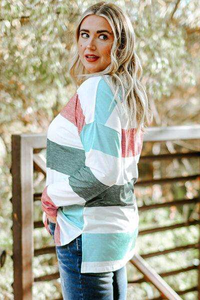 Plus Size Striped Slit Long Sleeve T-Shirt - Trendsi - Flyclothing LLC