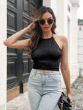 Openwork Halter Neck Cropped Knit Cami - Trendsi - Flyclothing LLC
