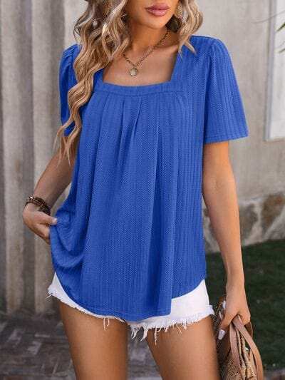 Ruched Square Neck Short Sleeve Blouse - Trendsi - Flyclothing LLC