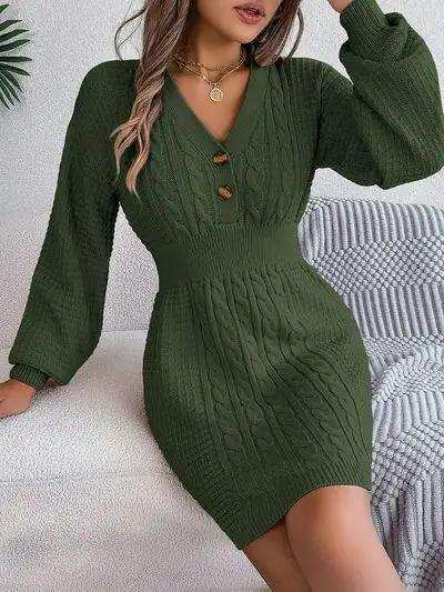 Buttoned Cable-Knit V-Neck Sweater Dress - Trendsi - Flyclothing LLC