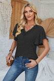Eyelet Applique V-Neck Cap Sleeve T-Shirt - Trendsi - Flyclothing LLC