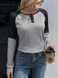 Contrast Buttoned Round Neck Raglan Sleeve Top - Trendsi - Flyclothing LLC