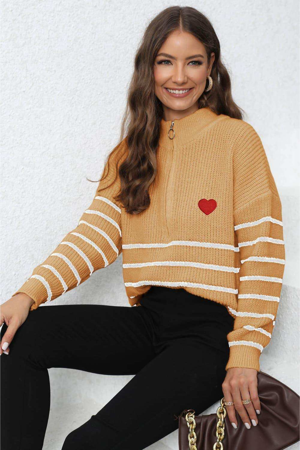 Striped Zip-Up Long Sleeve Ribbed Sweater - Trendsi - Flyclothing LLC