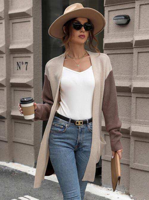 Contrast Open Front Long Sleeve Cardigan - Trendsi - Flyclothing LLC