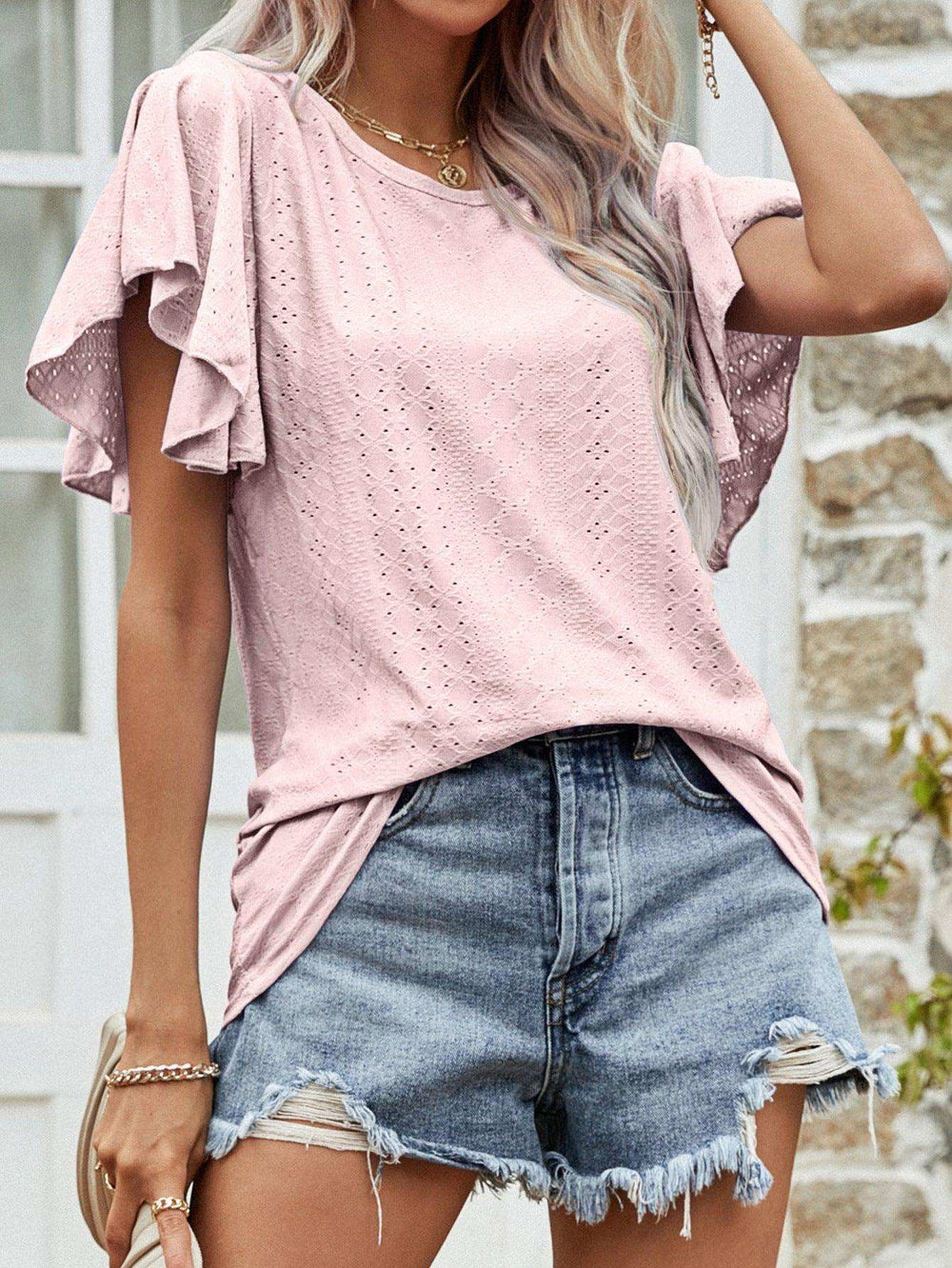 Round Neck Flutter Sleeve Blouse - Trendsi - Flyclothing LLC