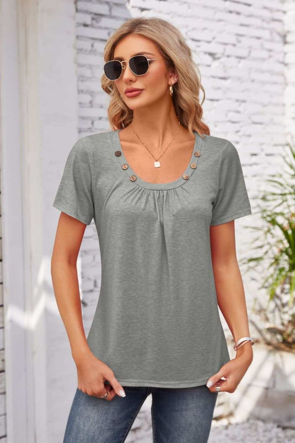 Decorative Button Scoop Neck T-Shirt - Trendsi - Flyclothing LLC