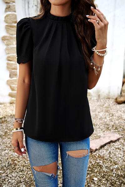 Ruched Mock Neck Short Sleeve Blouse - Trendsi - Flyclothing LLC